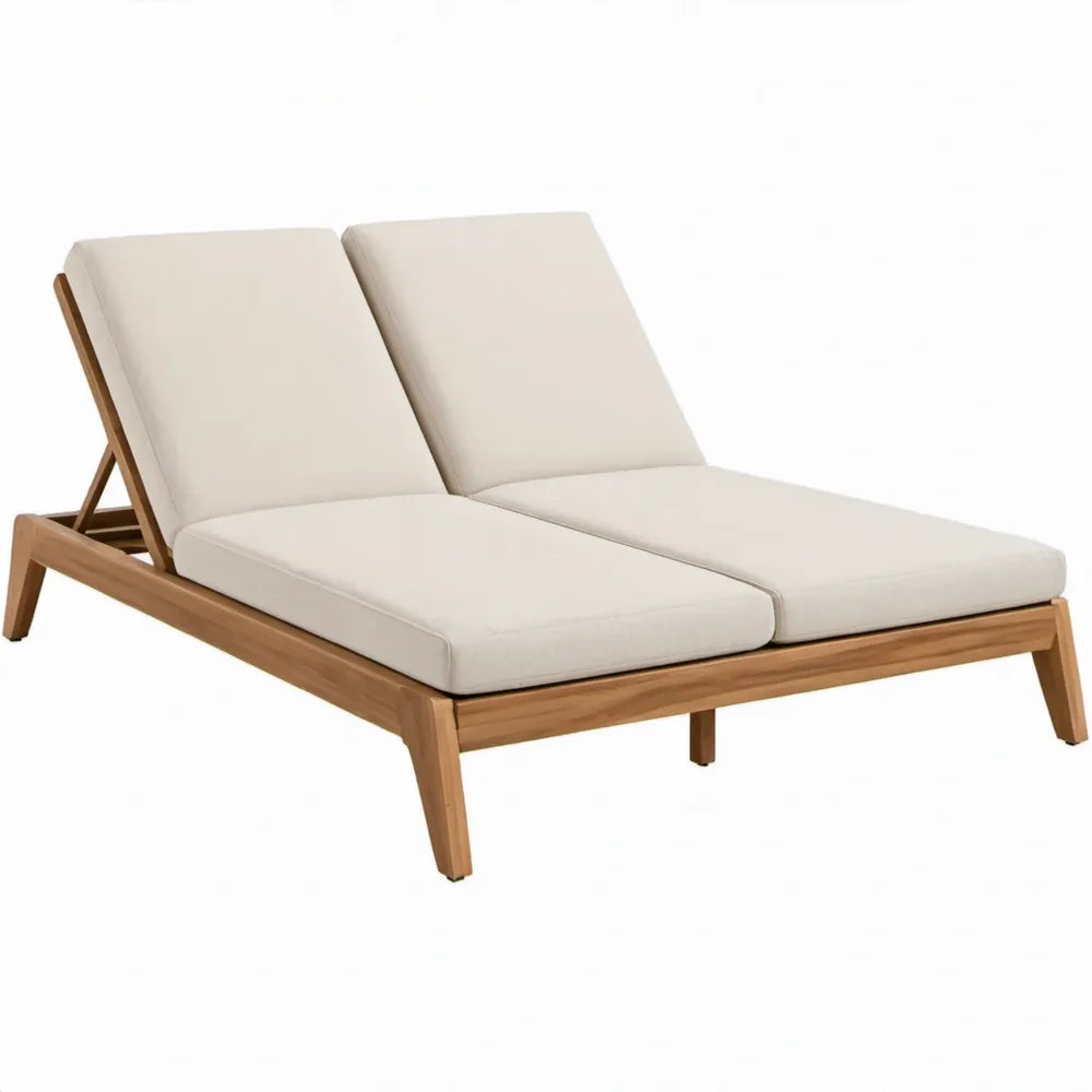 Dubbel teakhouten ligbed 200 x 140 x 85 cm met afzonderlijk verstelbare rugleuningen en crèmekleurige kussens