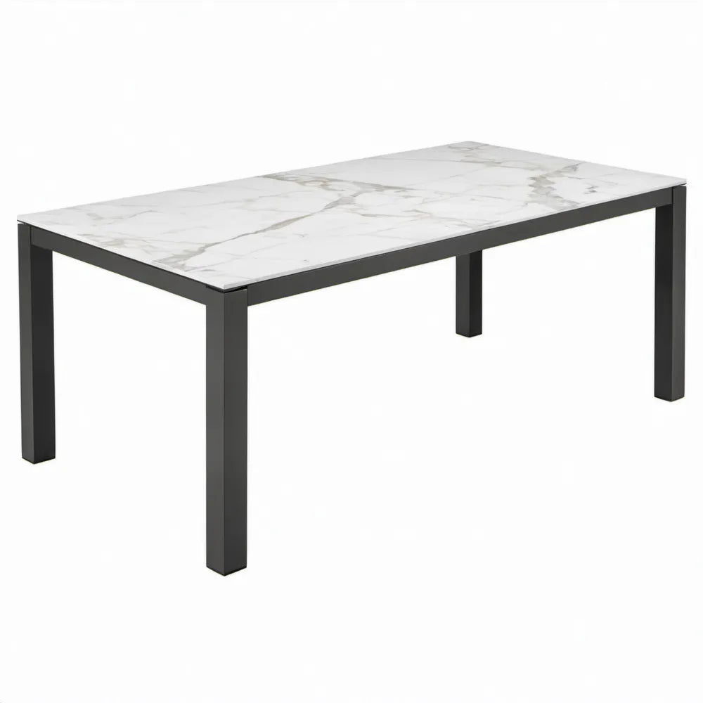 Rechthoekige tuintafel 180 x 90 x 75 cm met keramisch blad in wit marmerlook en zwart aluminium onderstel