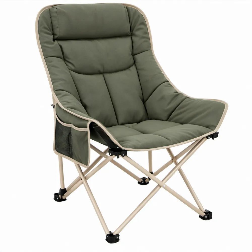 Opvouwbare campingstoel met hoge rugleuning en zijvak, 90 x 60 x 100 cm, olijfgroen/beige