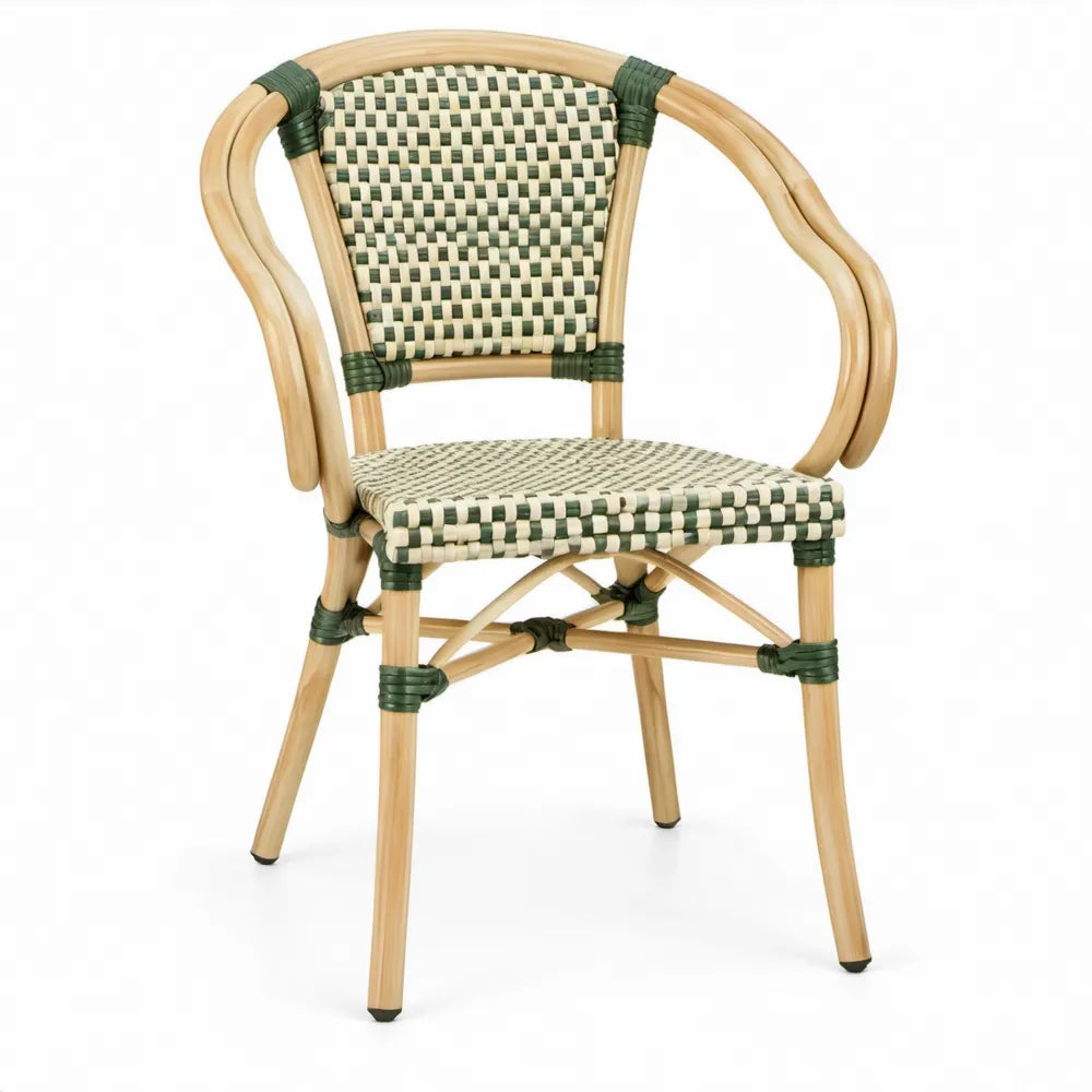 Terrasstoel met armleuningen 57 x 60 x 89 cm in beige, groen en crème van rotan en PE-vlechtwerk