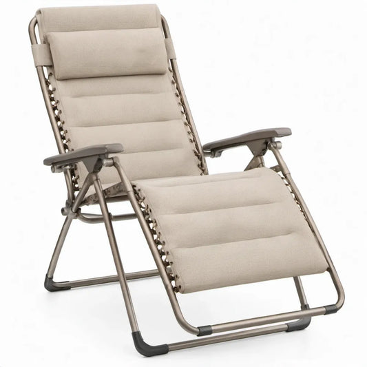 Verstelbare opvouwbare relaxstoel met armleuningen en hoofdsteun, 165 x 65 x 112 cm, Beige/Taupegrijs