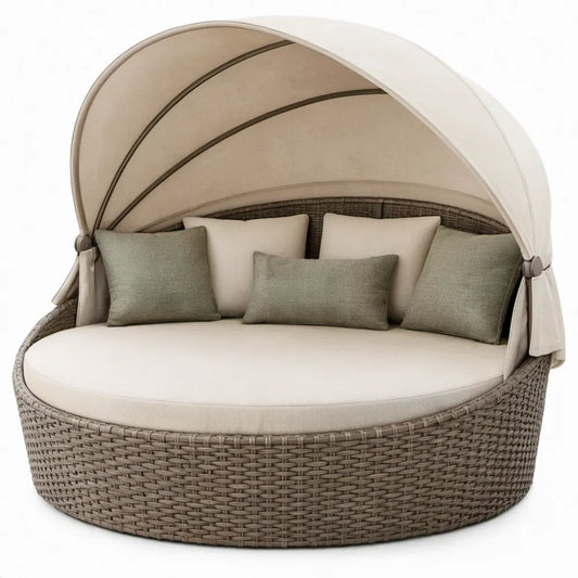 Rond ligbed met verstelbare luifel, 200 x 200 x 150 cm, beige, taupe en grijsgroen