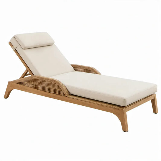 Verstelbaar ligbed met armleuningen en kussens, 200 x 75 x 35 cm, crème/naturel, massief acaciahout en polypropyleen koord