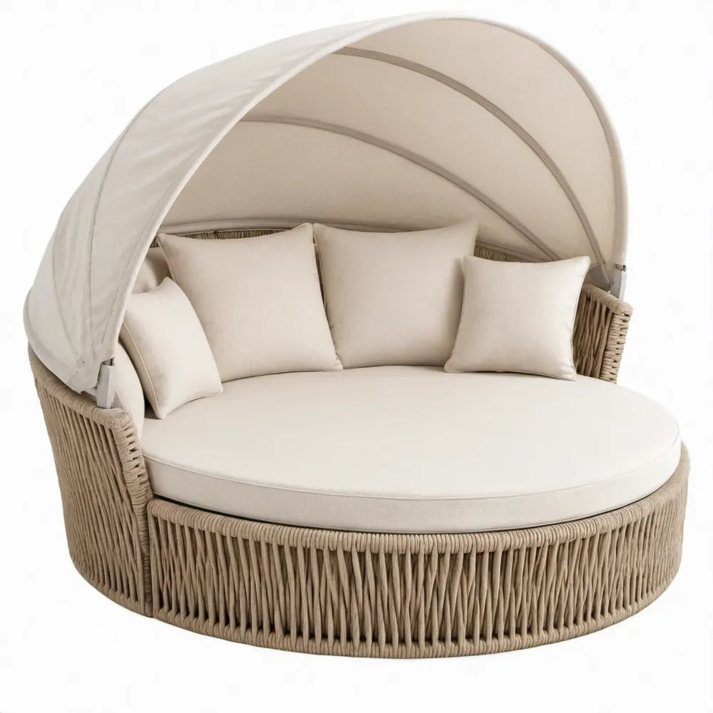 Rond tuinligbed met zonnekap van aluminium en polypropyleen touw, beige/gebroken wit, 180 x 180 x 150 cm
