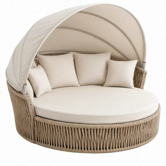 Rond tuinligbed met zonnekap van aluminium en polypropyleen touw, beige/gebroken wit, 180 x 180 x 150 cm