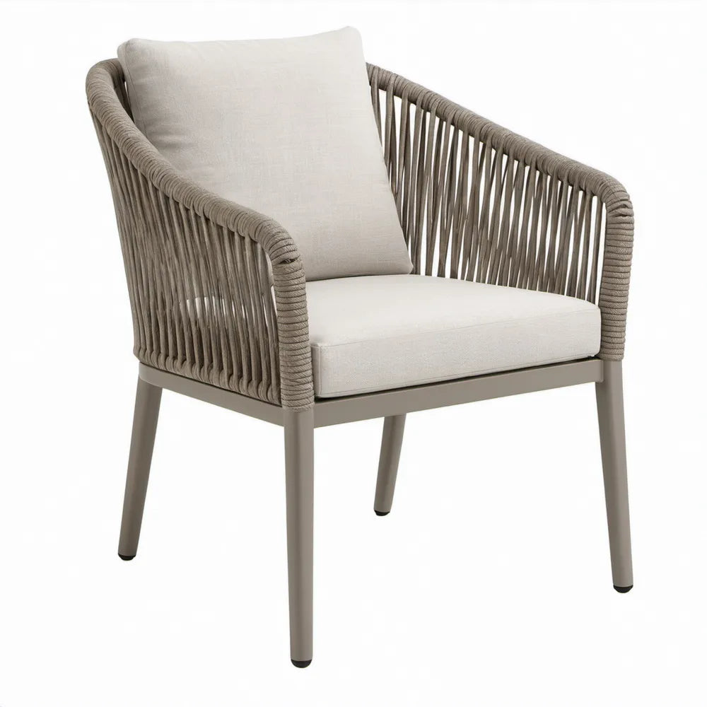 Taupe aluminium tuinstoel met gevlochten polyester touw en gebroken witte kussens, 65 x 68 x 82 cm
