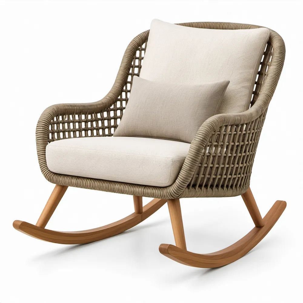 Taupe schommelstoel met acaciahouten poten en beige kussens, 78 x 88 x 102 cm
