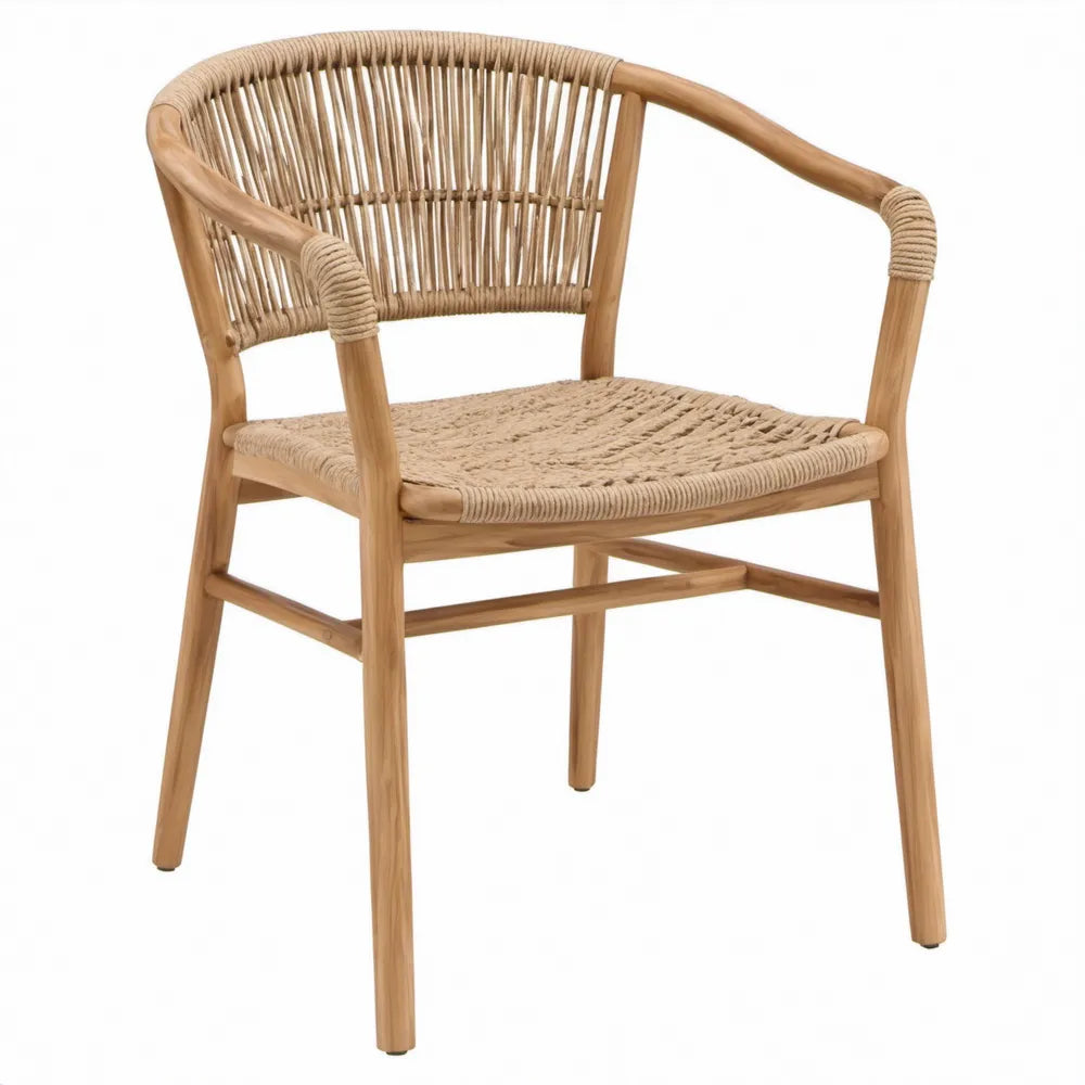 Terrasstoel met armleuningen van acaciahout en PP-touw, 65 x 60 x 80 cm, Naturel/Beige