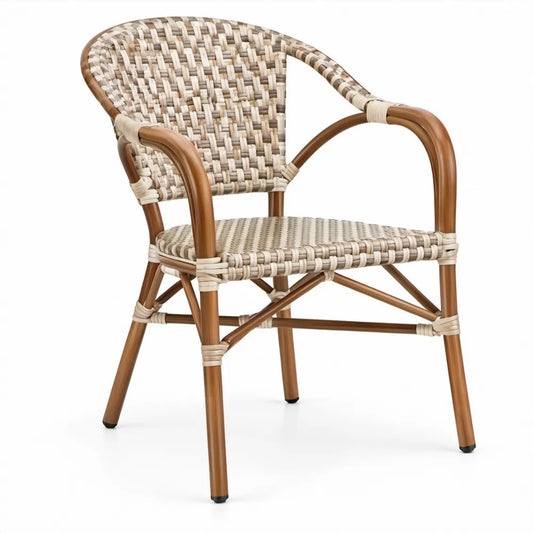 Terrasstoel met armleuningen 57 x 60 x 88 cm bruin/beige aluminium en PE-rotan