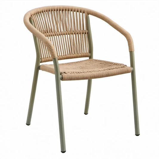Terrasstoel met armleuningen van aluminium en polypropyleentouw, 80 x 56 x 59 cm, olijfgroen/beige