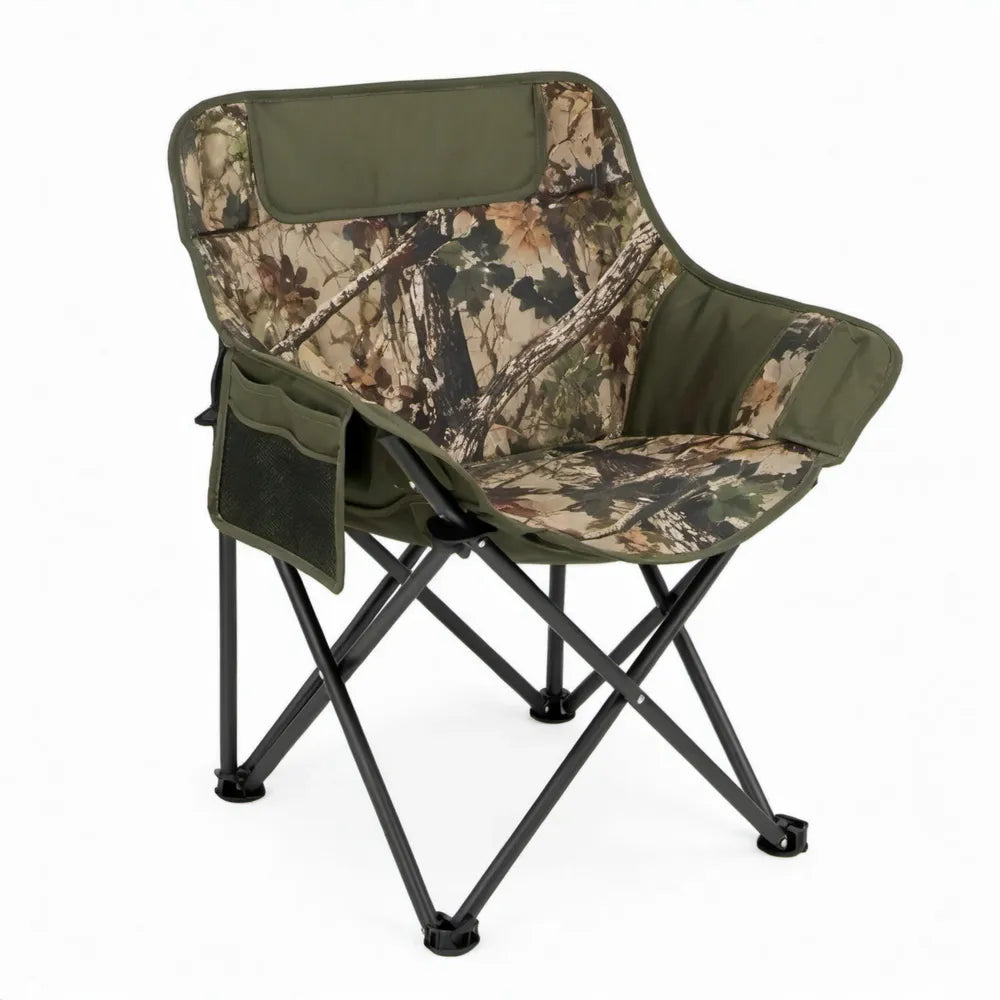 Inklapbare campingstoel met armleuningen en opbergvak, camouflage, 90 x 60 x 100 cm
