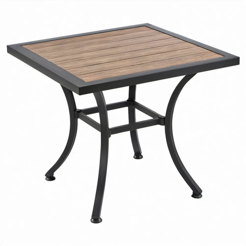 Vierkante tuintafel 70 x 70 x 74 cm van zwart aluminium met bruin polywood blad