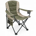 Opvouwbare campingstoel met armleuningen, bekerhouder en zijvak – 90 x 58 x 58 cm – Olijfgroen/Beige/Zwart