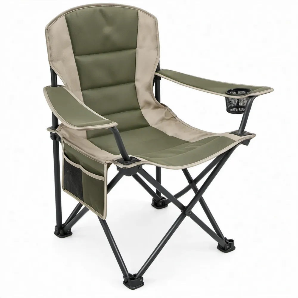 Opvouwbare campingstoel met armleuningen, bekerhouder en zijvak – 90 x 58 x 58 cm – Olijfgroen/Beige/Zwart