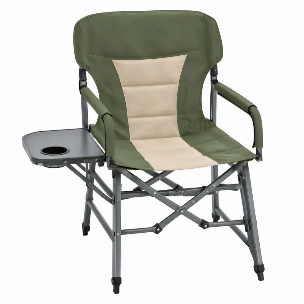 Opvouwbare campingstoel met zijtafel en bekerhouder, 60 x 50 x 95 cm, groen/beige