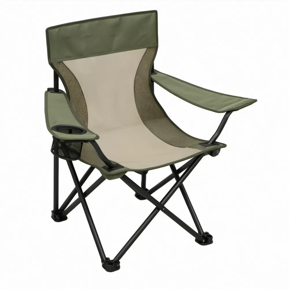 Opvouwbare campingstoel met hoge rugleuning, armleuningen, bekerhouder en opbergvak – 60 x 60 x 90 cm – Groen/Beige/Zwart