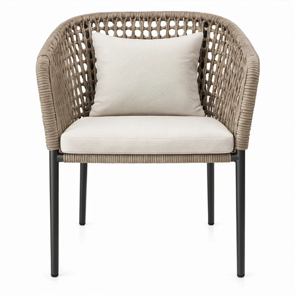 Beige/Zwarte PE-rotan tuinstoel met armleuningen en kussens, 62 x 60 x 80 cm
