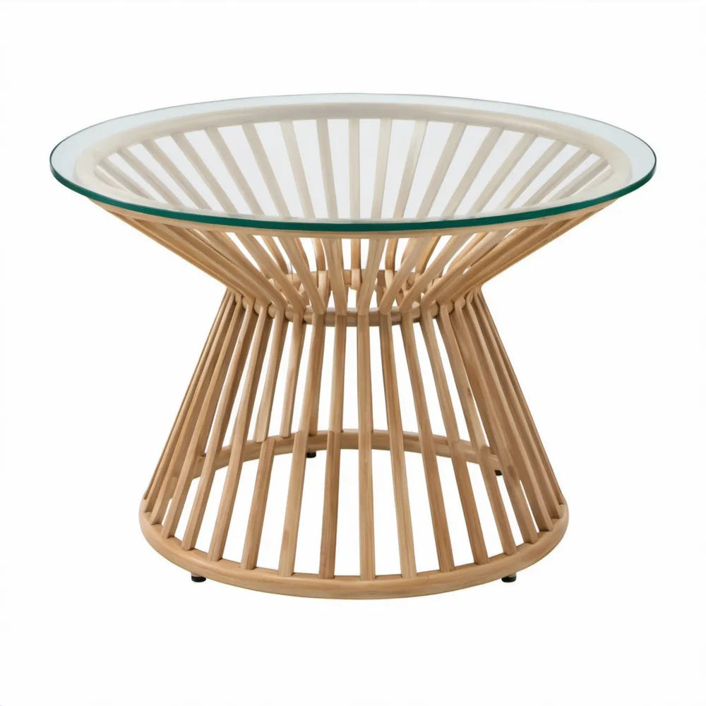 Ronde rotan tuintafel met transparant glazen blad Ø 70 x H 45 cm, naturel