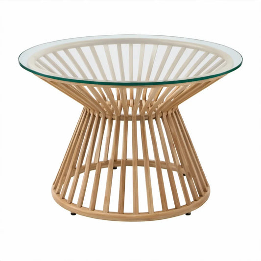 Ronde rotan tuintafel met transparant glazen blad Ø 70 x H 45 cm, naturel