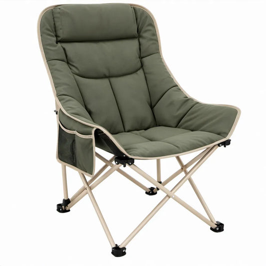 Opvouwbare campingstoel met hoge rugleuning en zijvak, 90 x 60 x 100 cm, olijfgroen/beige