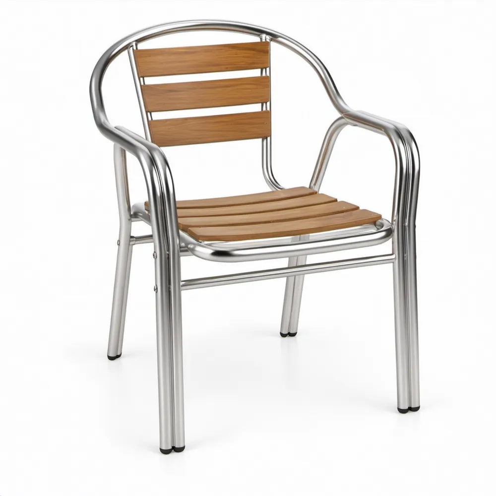 Terrasstoel met armleuningen 73 x 54 x 60 cm – aluminium en acaciahout in zilver/bruin