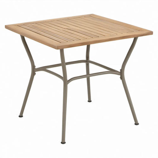 Vierkante tuintafel 70 x 70 x 74 cm van naturel acaciahout en taupegrijs staal