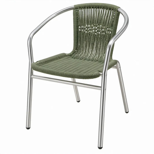 Groene terrasstoel met armleuningen, aluminium frame en gevlochten touw, 57 x 60 x 84 cm